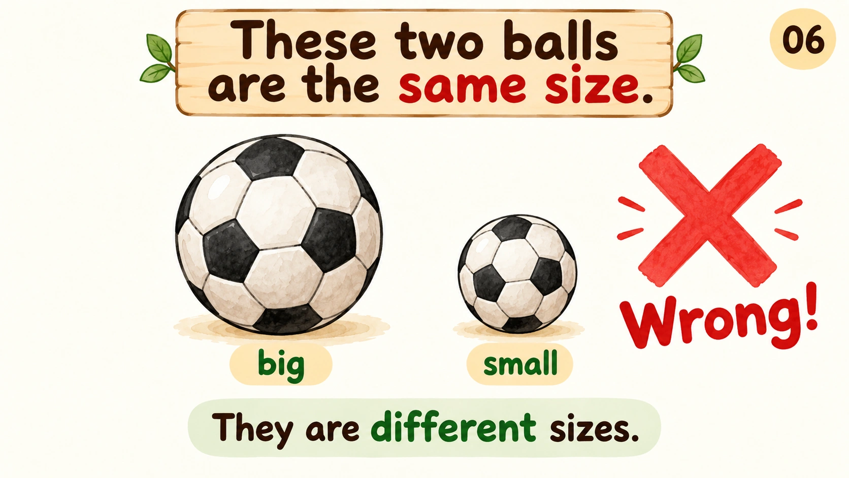 A false same-size claim about two balls is marked wrong and corrected.