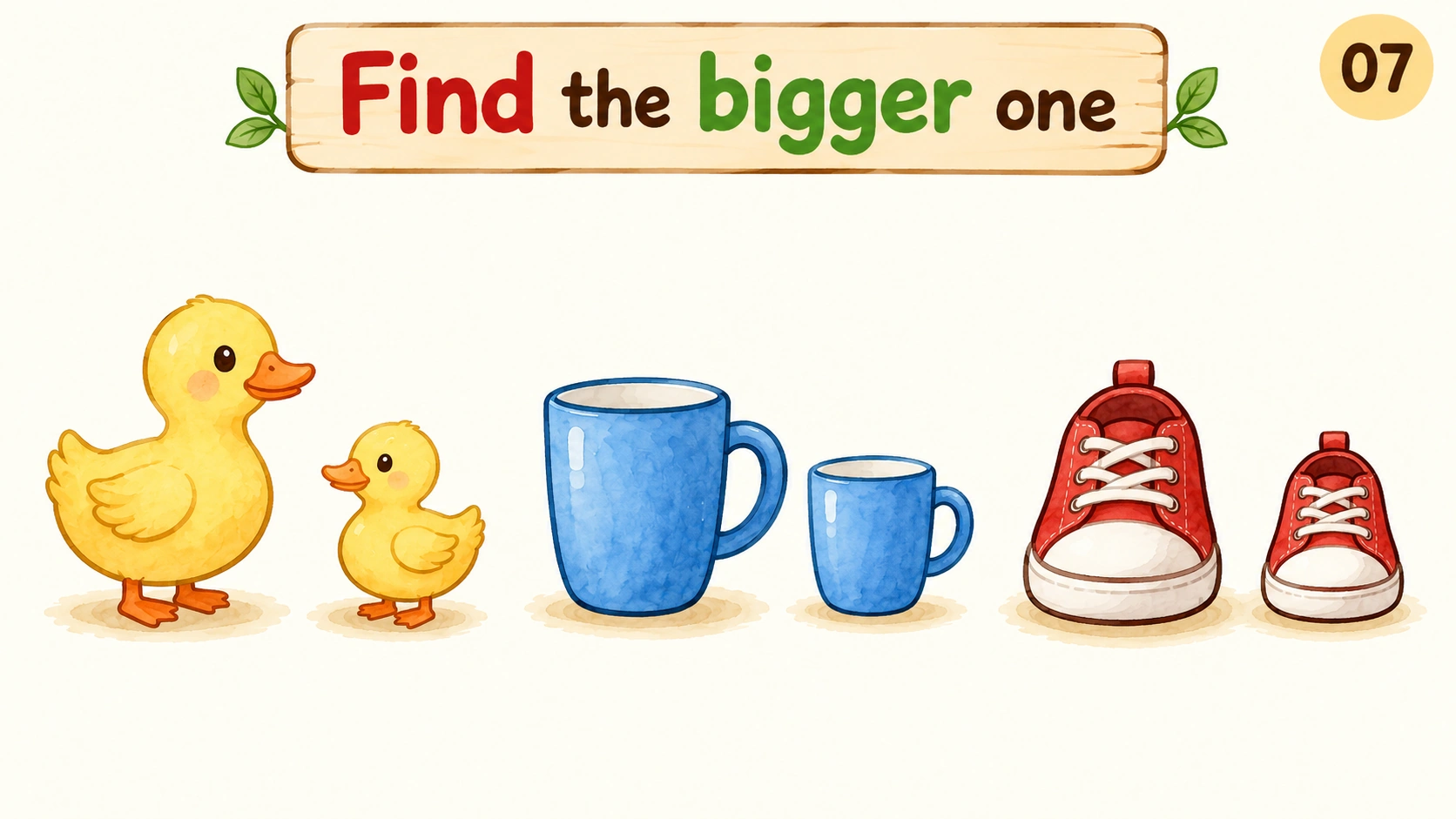 Three pairs of everyday objects invite learners to find the bigger one.
