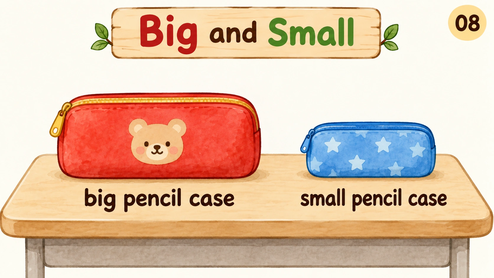 Two pencil cases on the same desk illustrate big and small.
