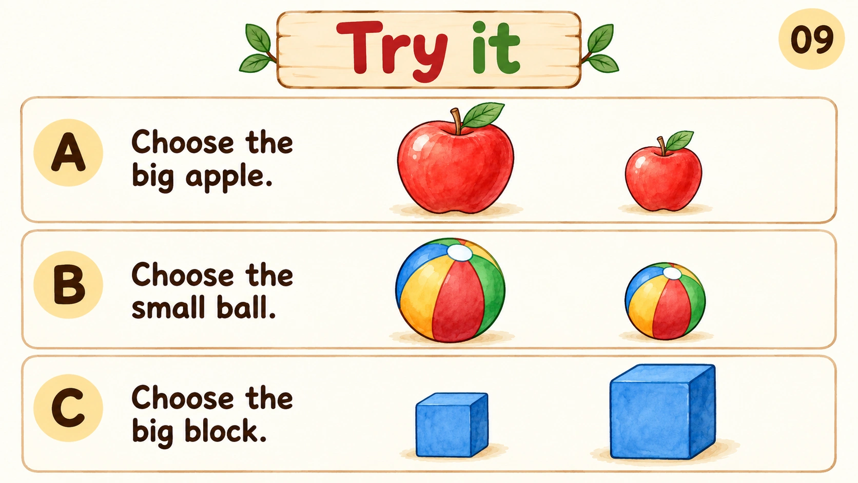 Three independent picture questions ask for the big or small object without marked answers.