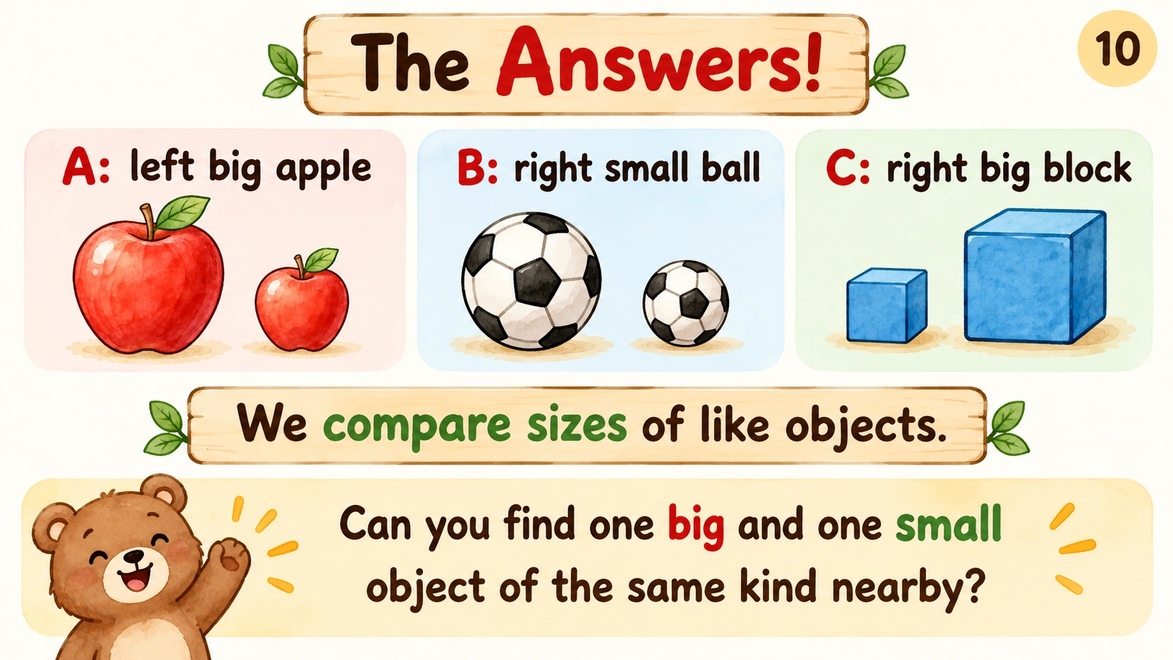 Answers to the three independent questions, a size recap, and a final question.