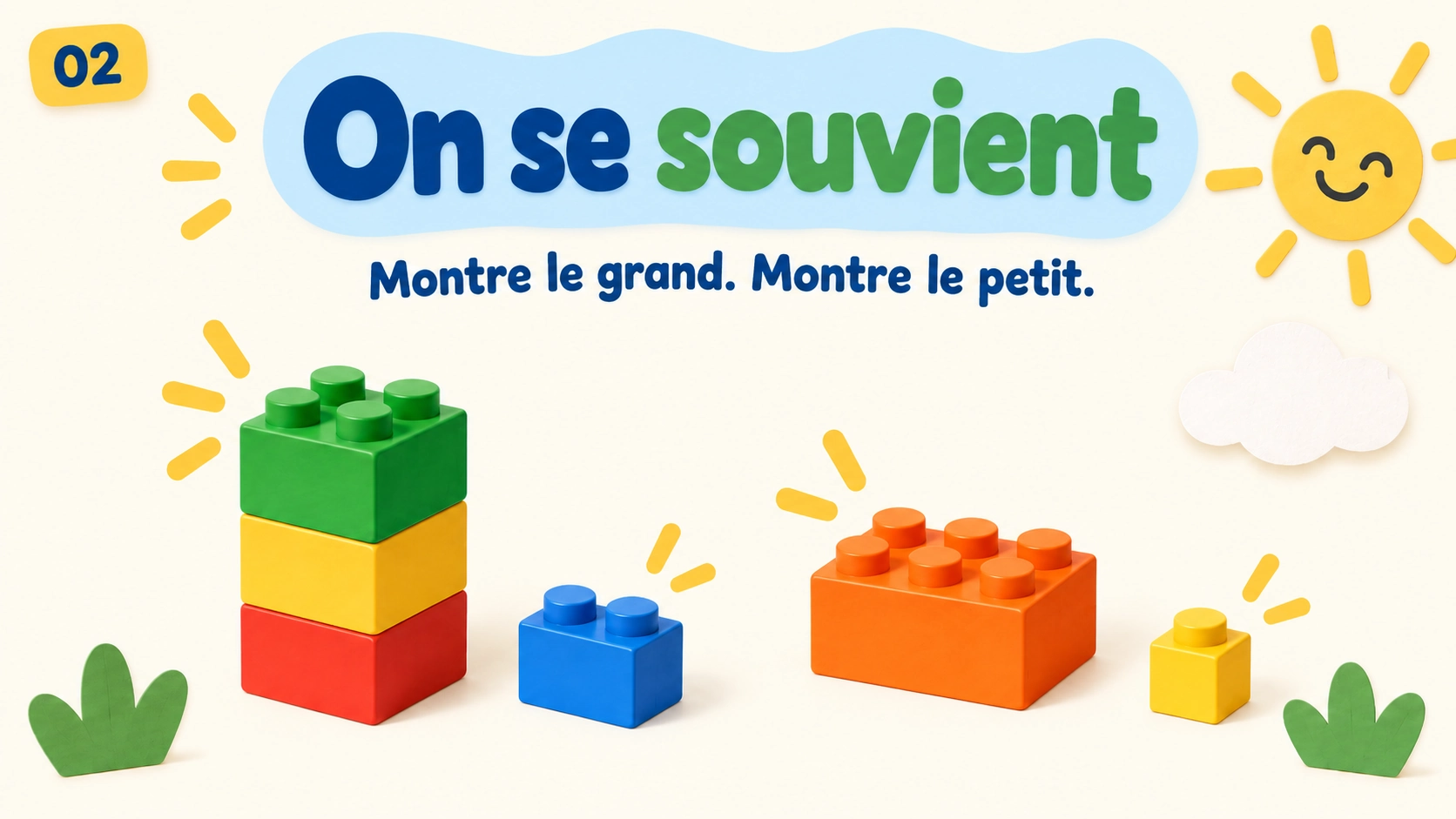 Rappel : montrer le grand et le petit parmi plusieurs blocs.