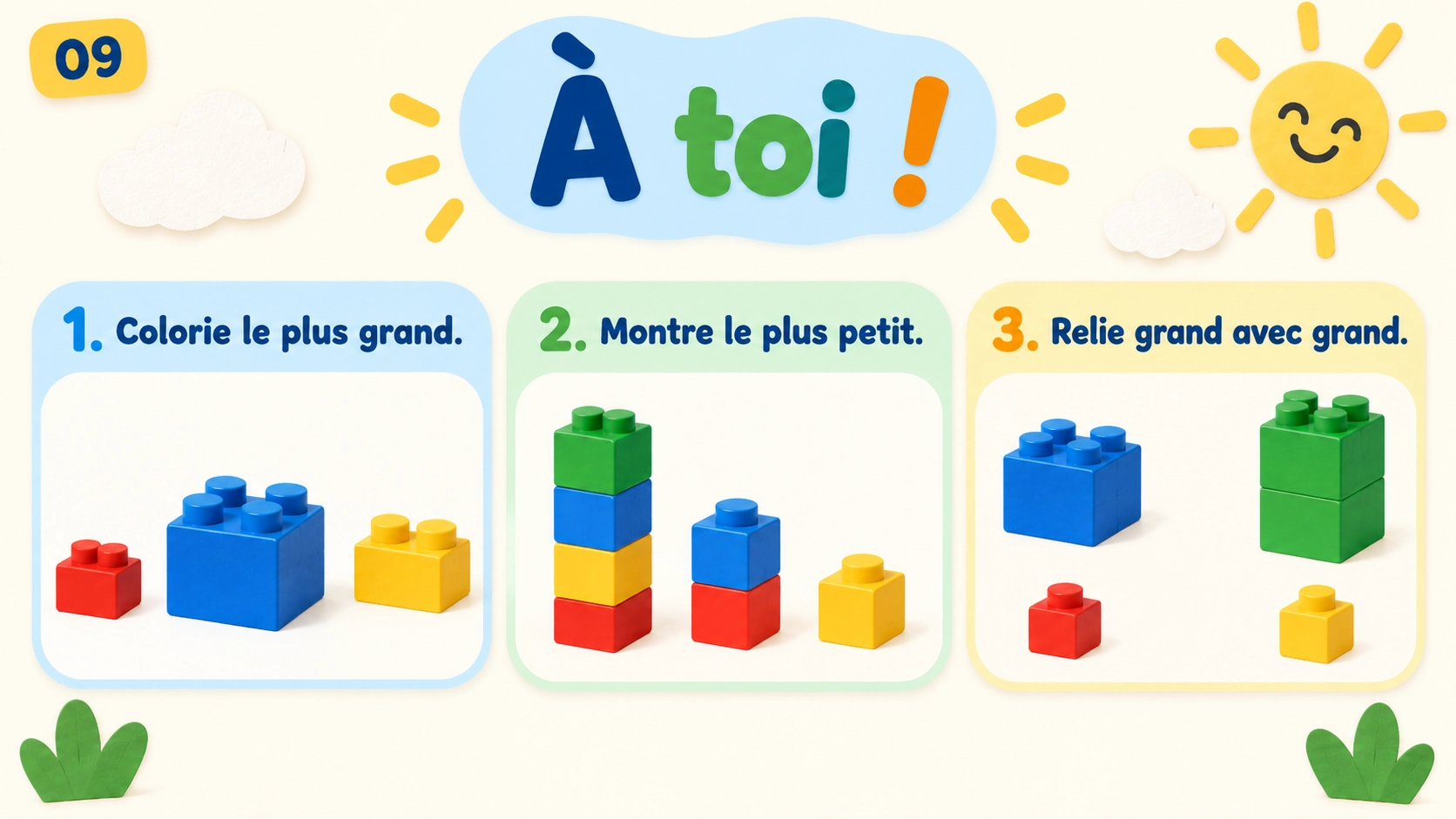 Trois tâches indépendantes sur des blocs et des tours, sans réponses.