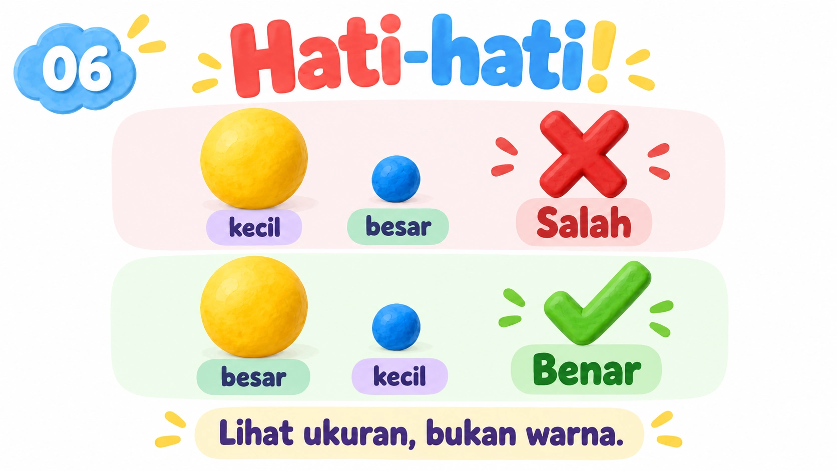 Kesalahan menilai ukuran dari warna ditandai salah dan dikoreksi.
