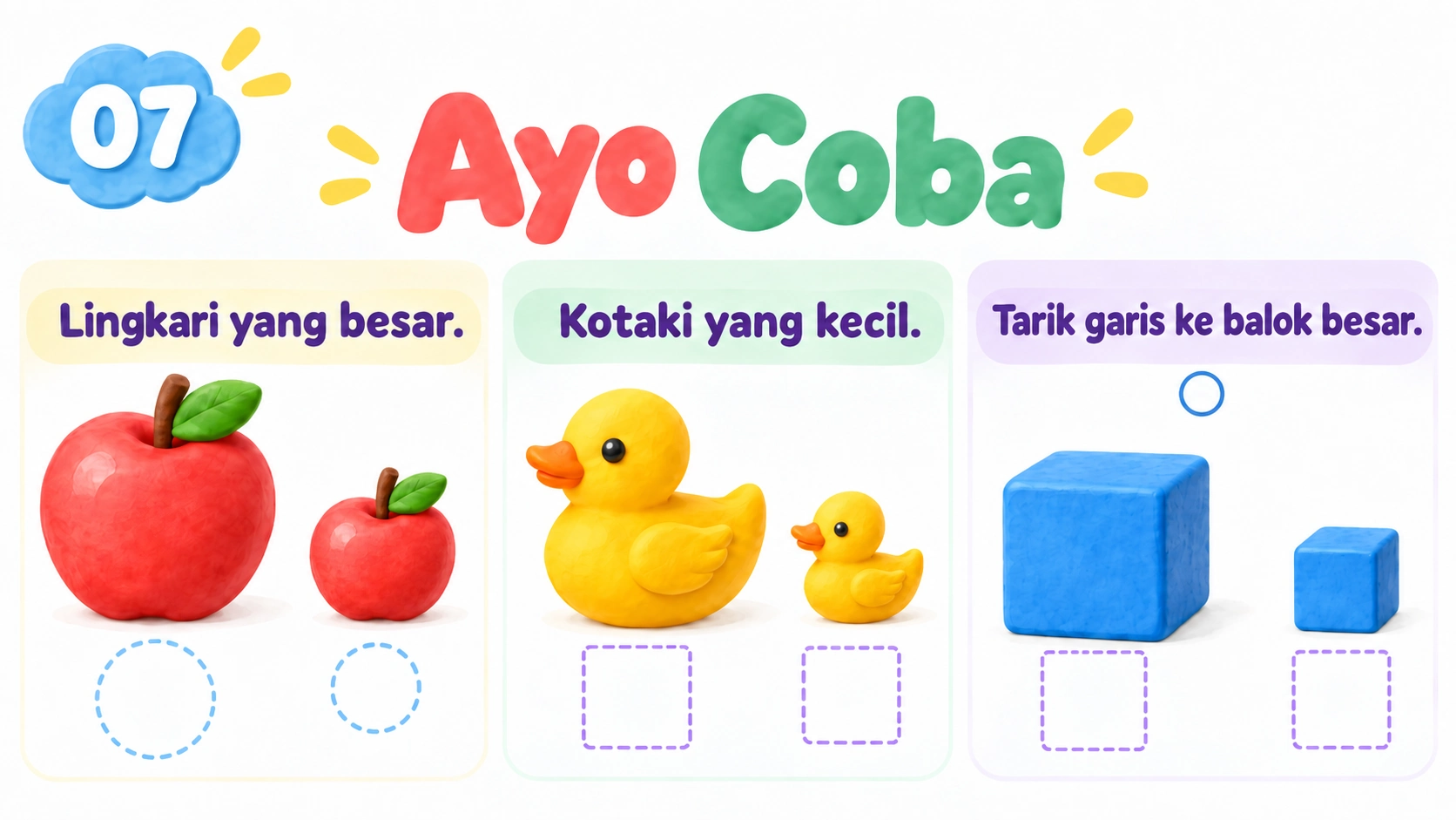 Latihan terbimbing: lingkari apel besar, kotaki bebek kecil, hubungkan ke balok besar tanpa jawaban.