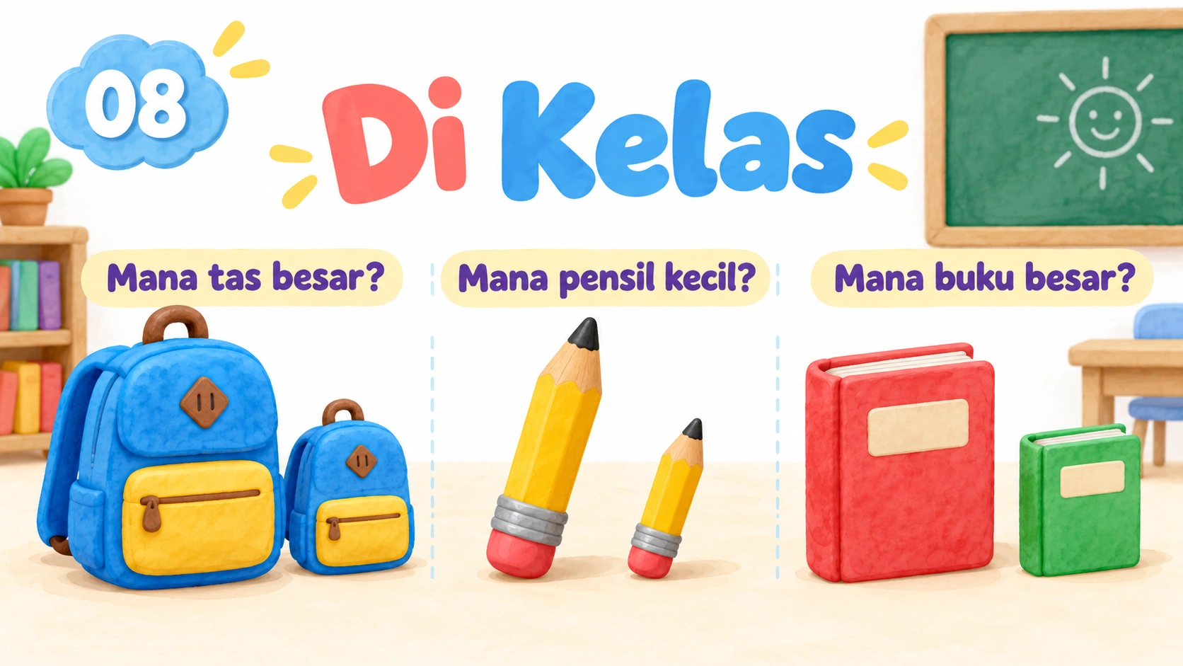 Di kelas: bandingkan tas, pensil, dan buku yang sejenis.