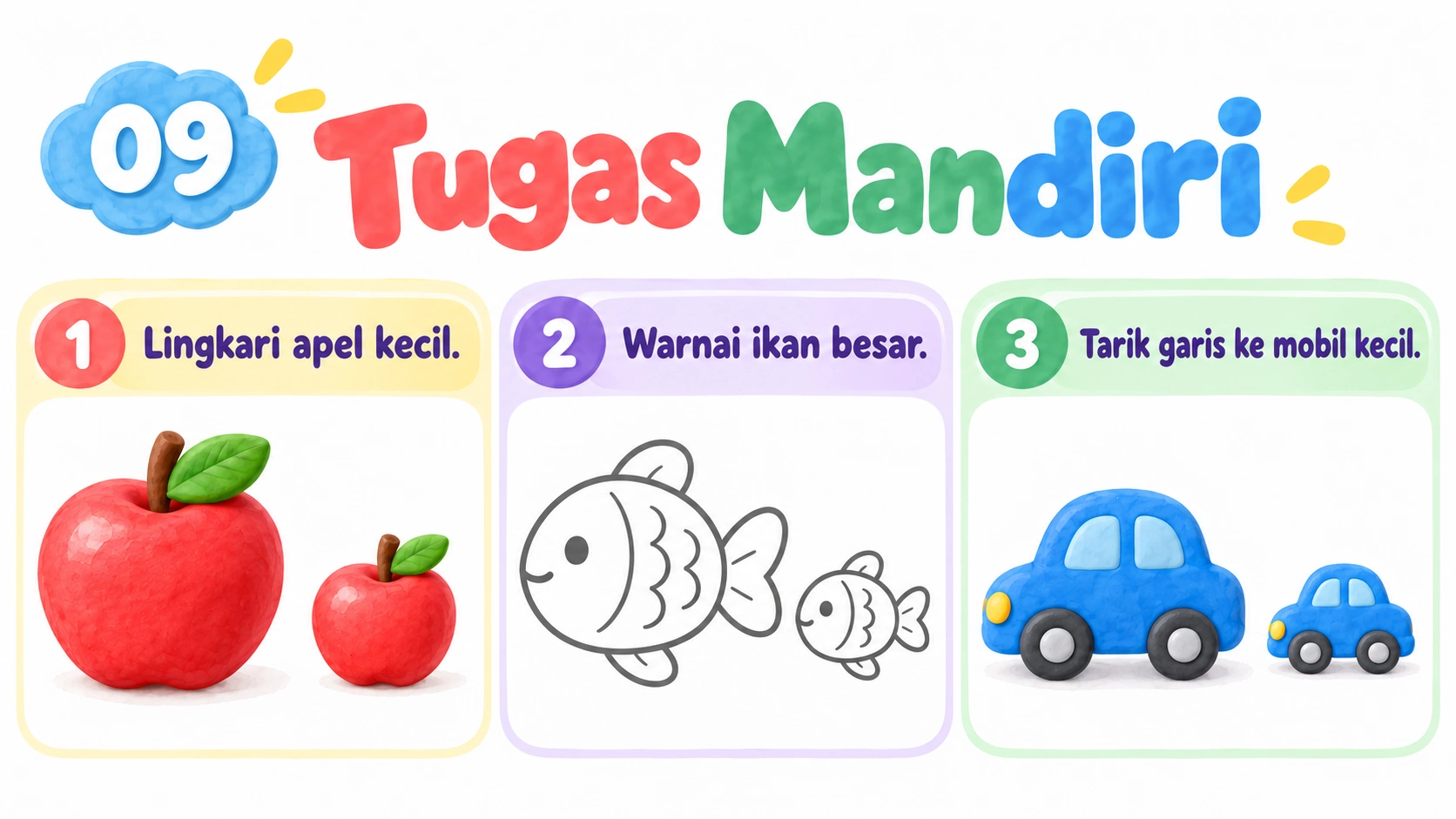 Tiga tugas mandiri memilih apel kecil, ikan besar, dan mobil kecil tanpa jawaban.