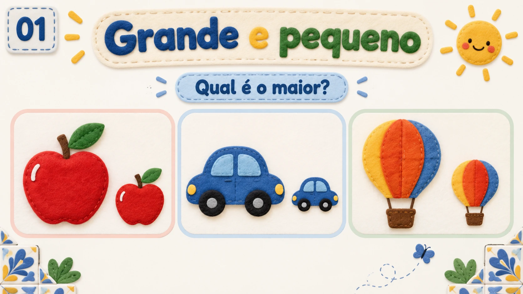 Capa da apresentação infantil com maçãs, carros e balões grandes e pequenos