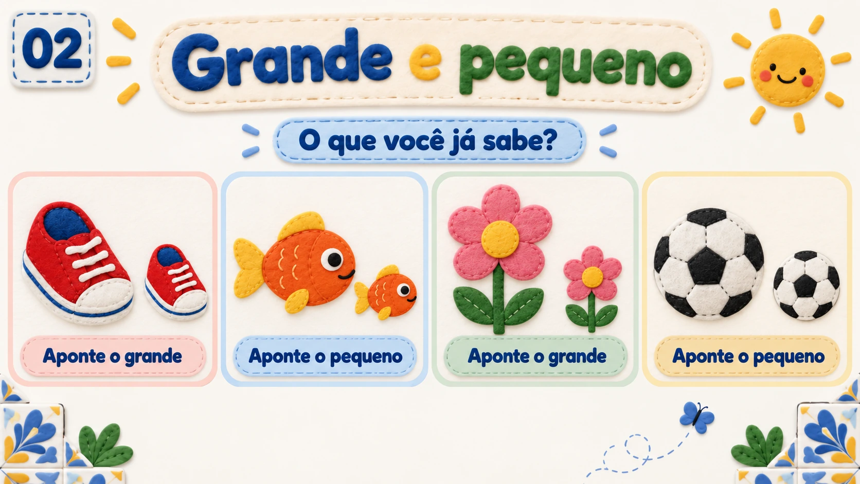 Revisão visual com sapatos, peixes, flores e bolas em dois tamanhos.