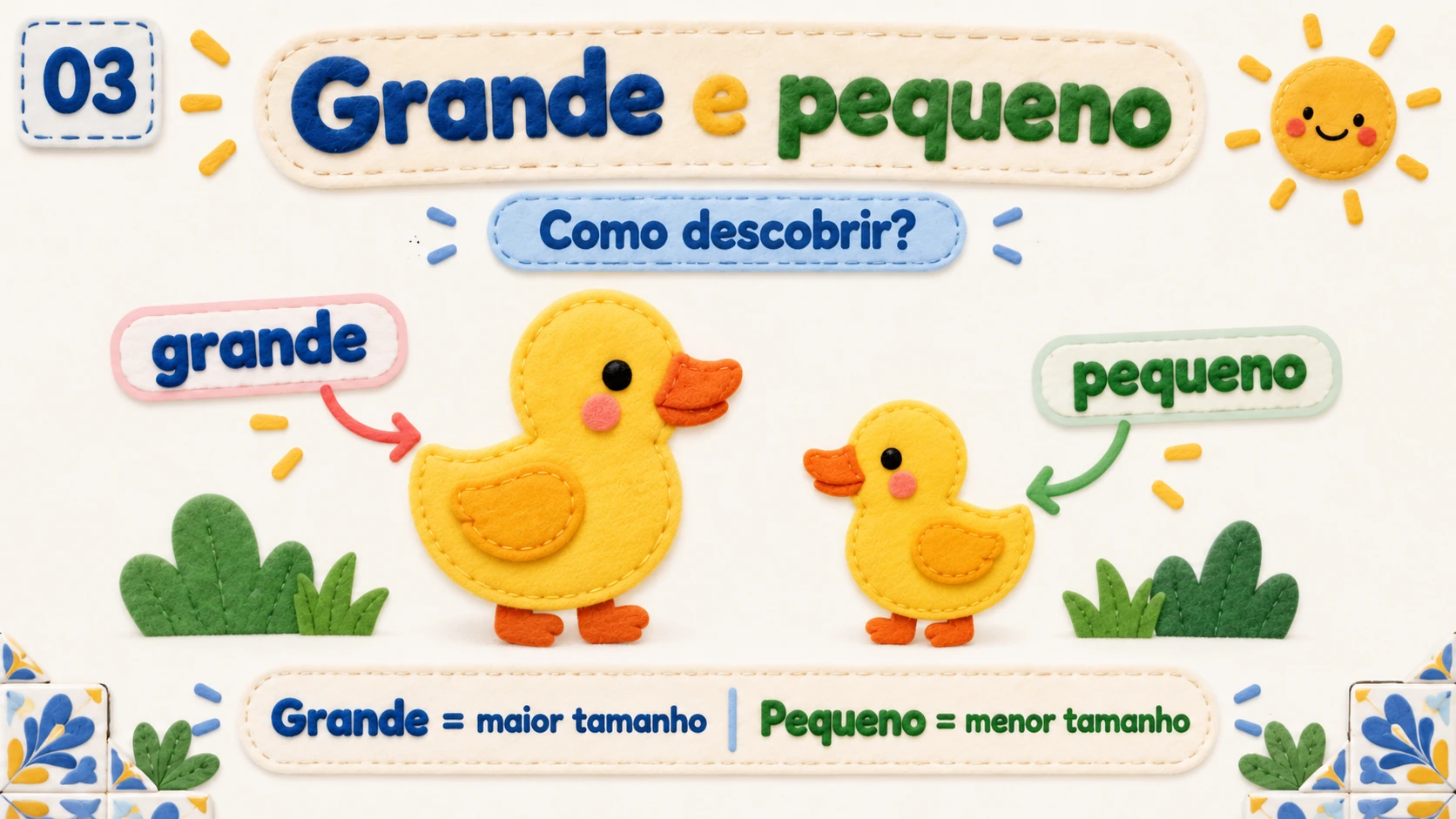 Patos de feltro mostram o significado de grande e pequeno.