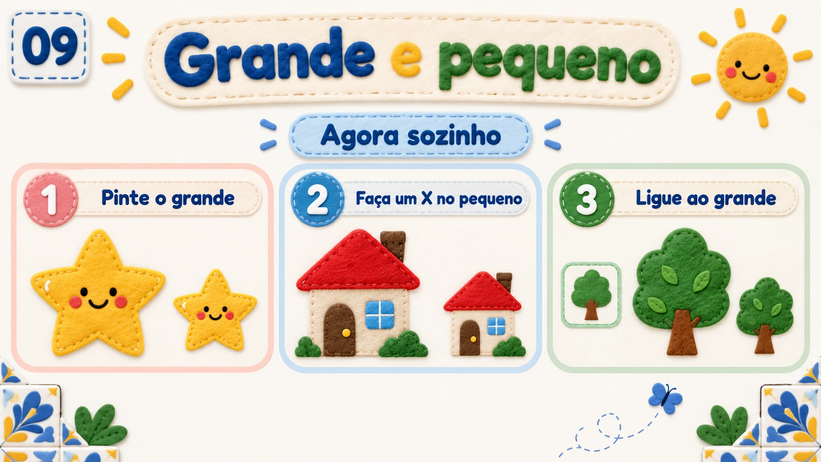 Três tarefas independentes com estrelas, casas e árvores, sem respostas.