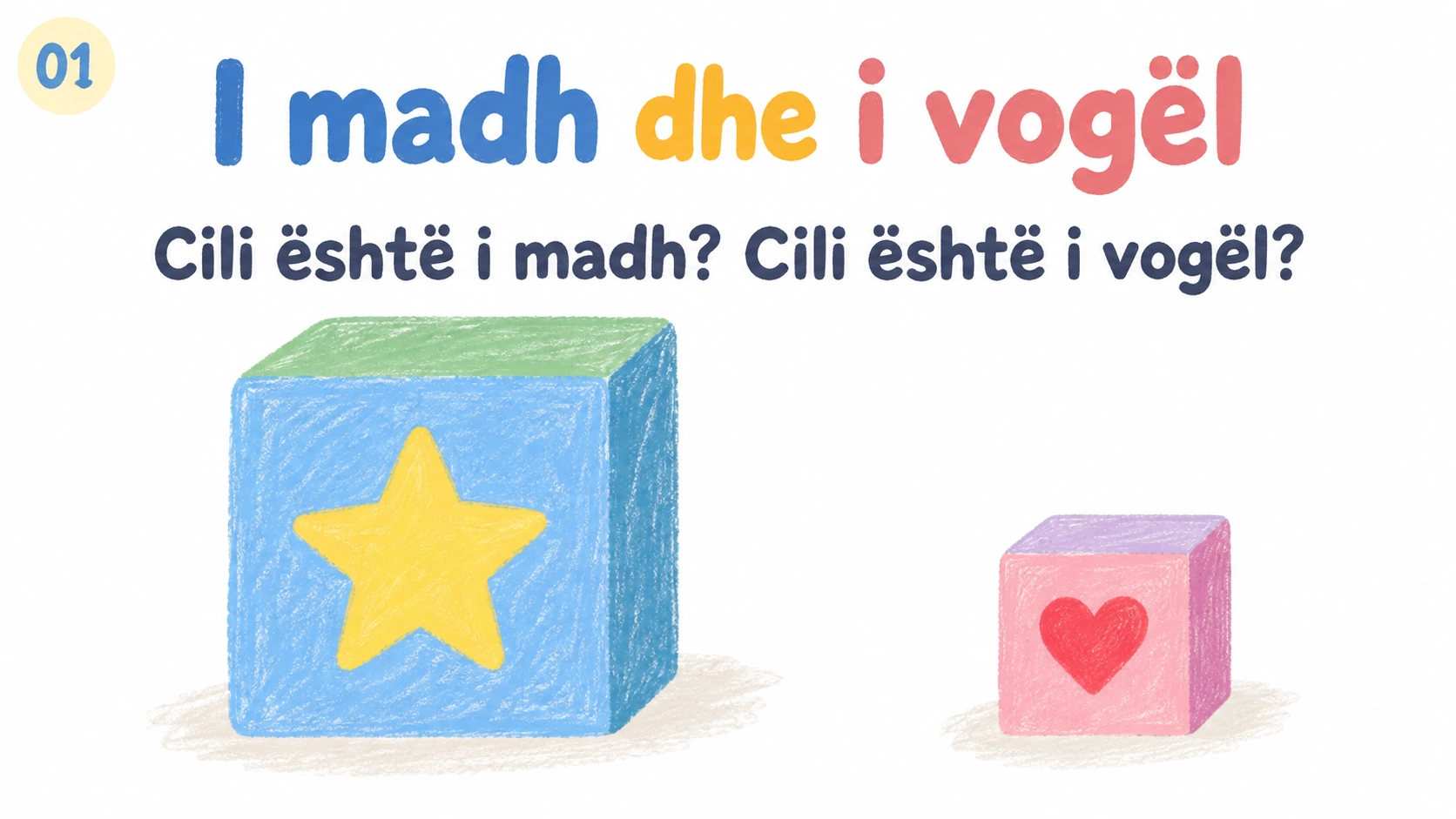 Diapozitivi hyrës i matematikës parashkollore me një bllok të madh dhe një bllok të vogël