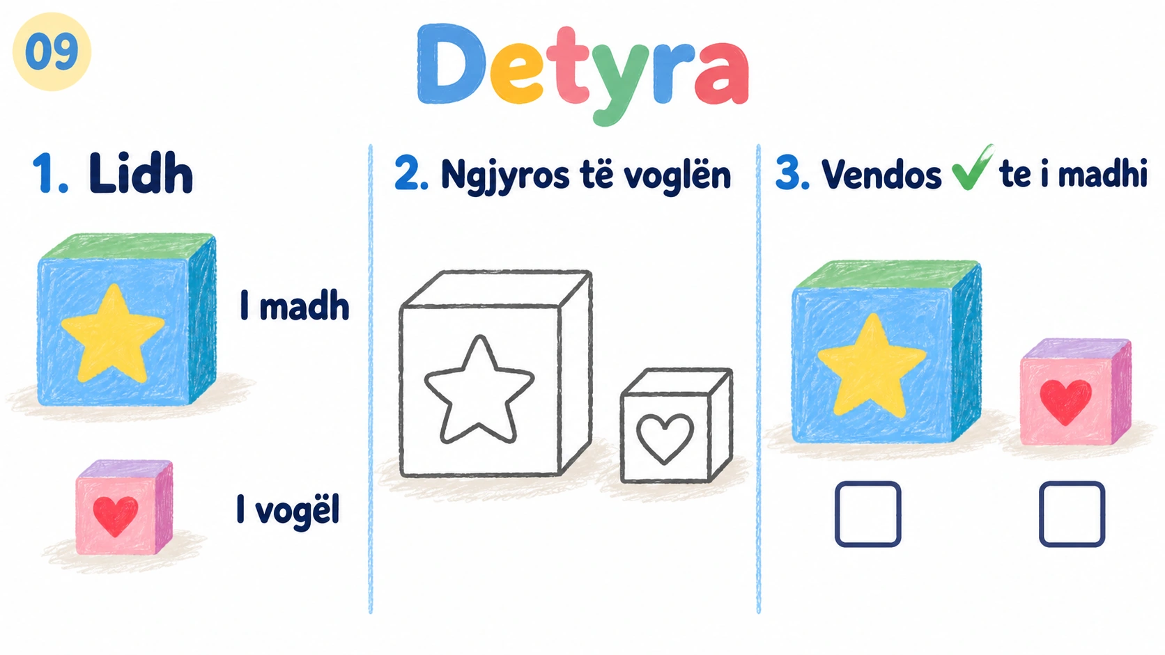 Tri detyra të pavarura për lidhje, ngjyrosje dhe zgjedhje të madhësisë.