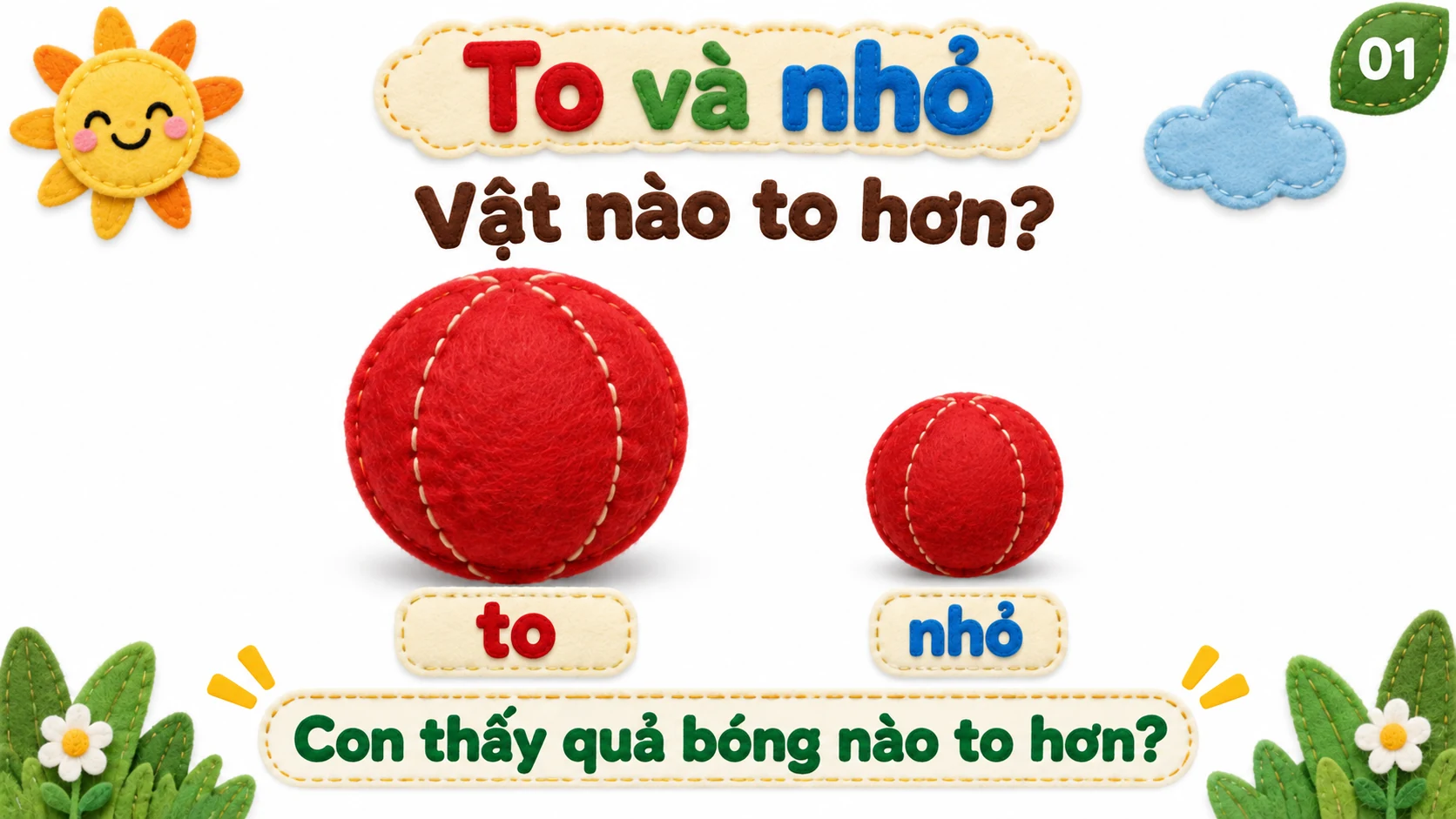 Trang bìa bài trình chiếu toán mầm non với hai quả bóng to và nhỏ