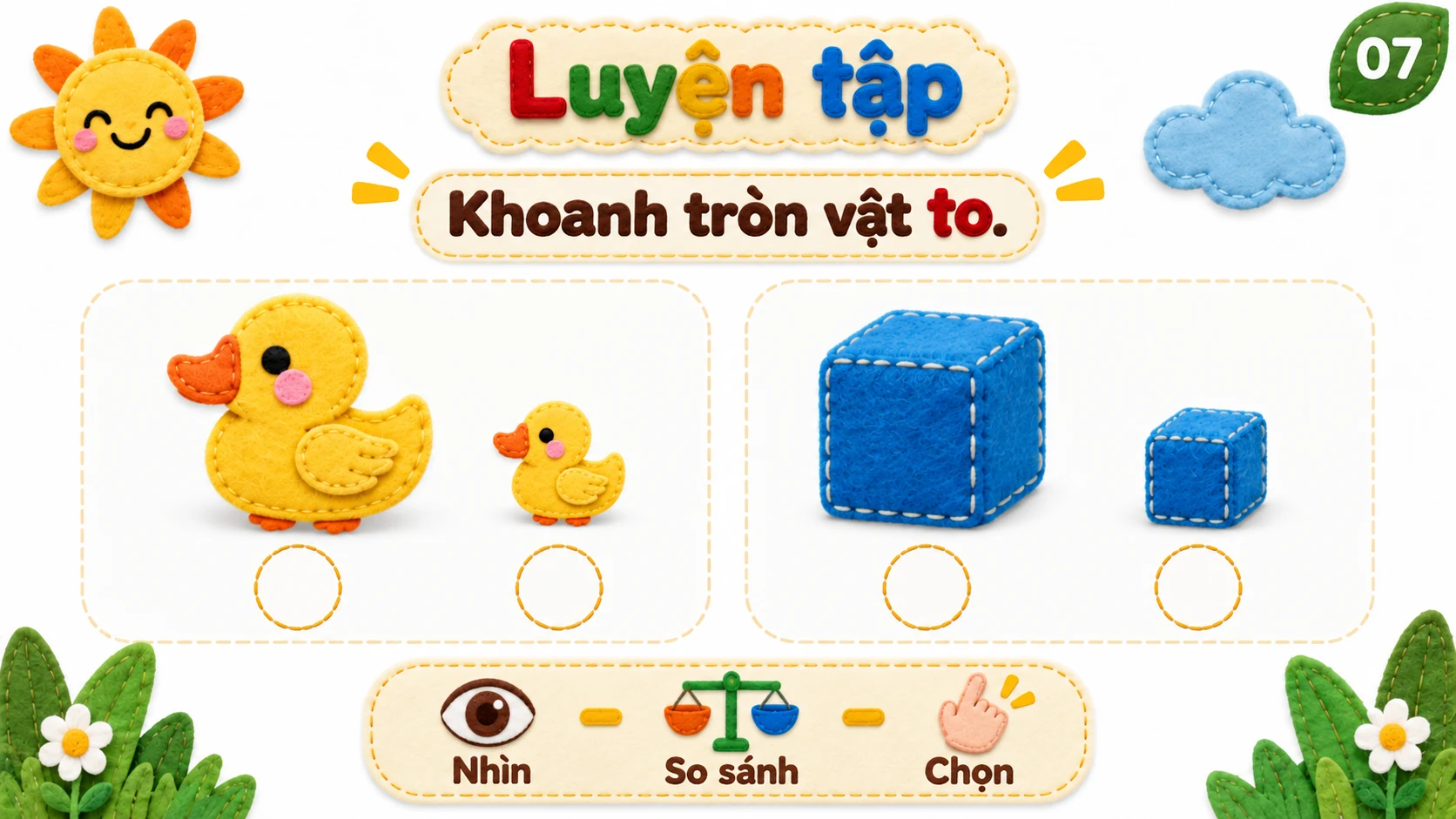 Bài tập có vịt và khối vuông lớn nhỏ, chưa đánh dấu đáp án.