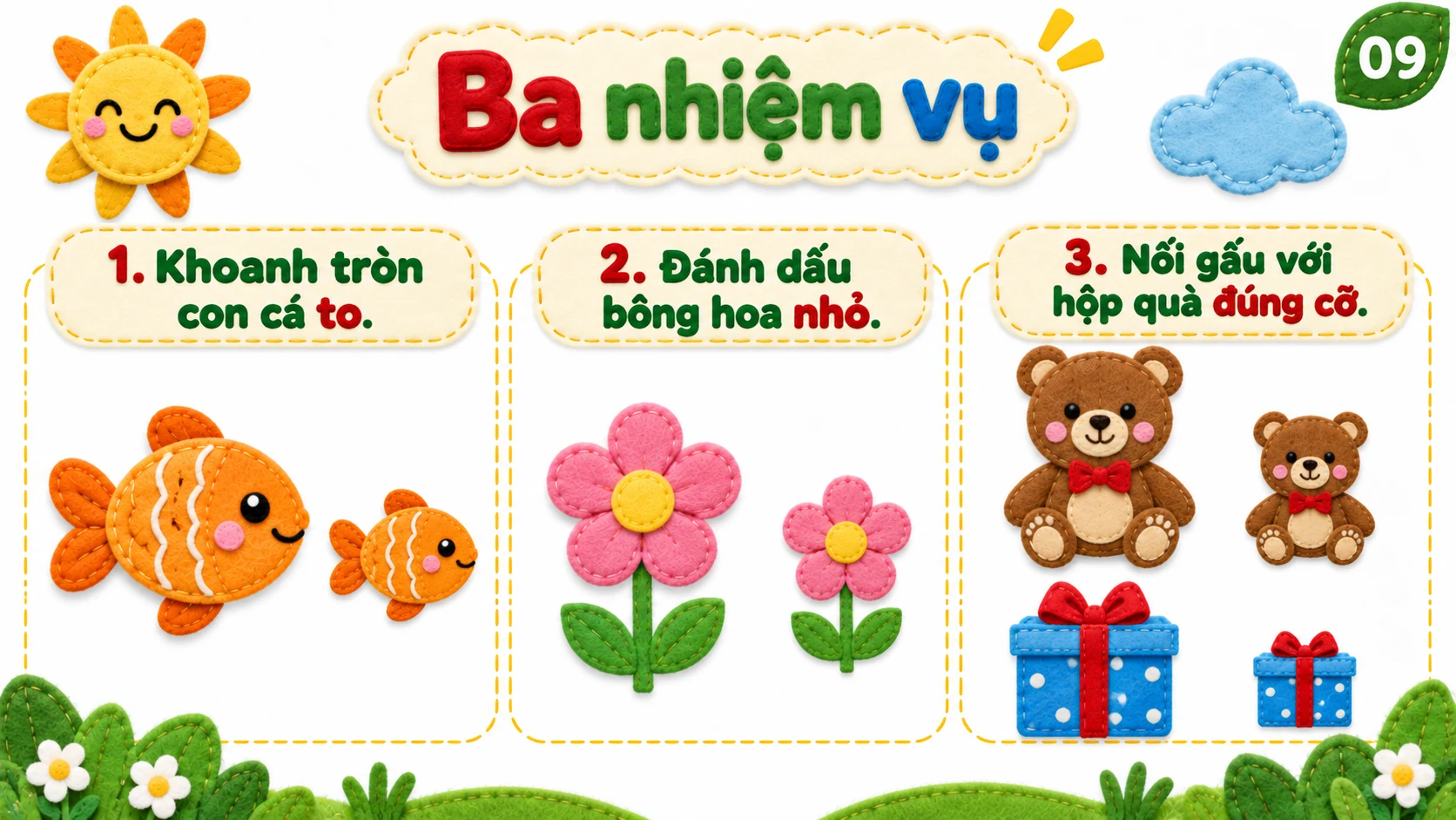 Ba nhiệm vụ độc lập: chọn cá to, hoa nhỏ và ghép gấu với hộp quà đúng cỡ.