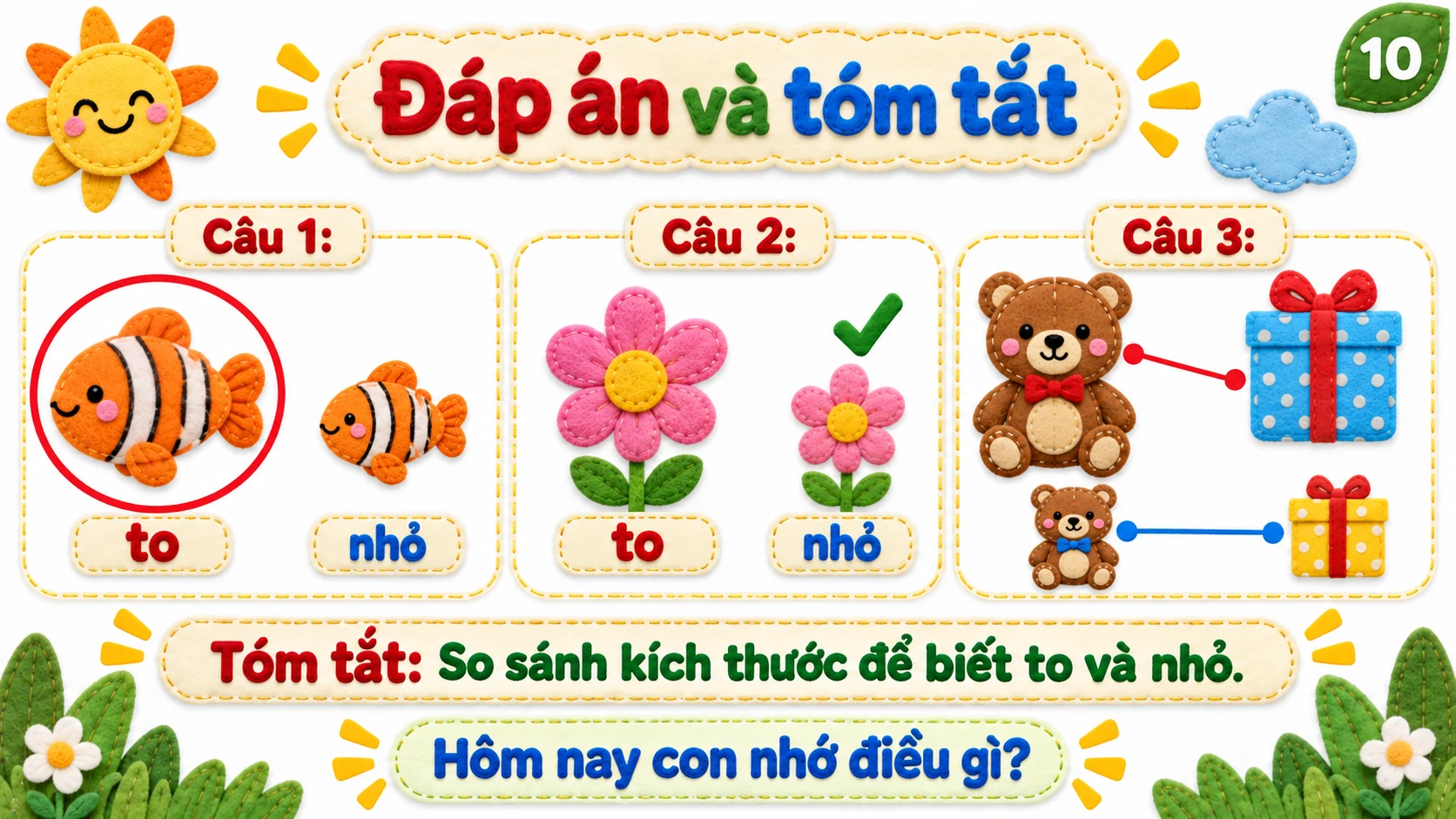 Đáp án đúng của ba nhiệm vụ ở trang chín cùng lời tóm tắt và câu hỏi cuối.