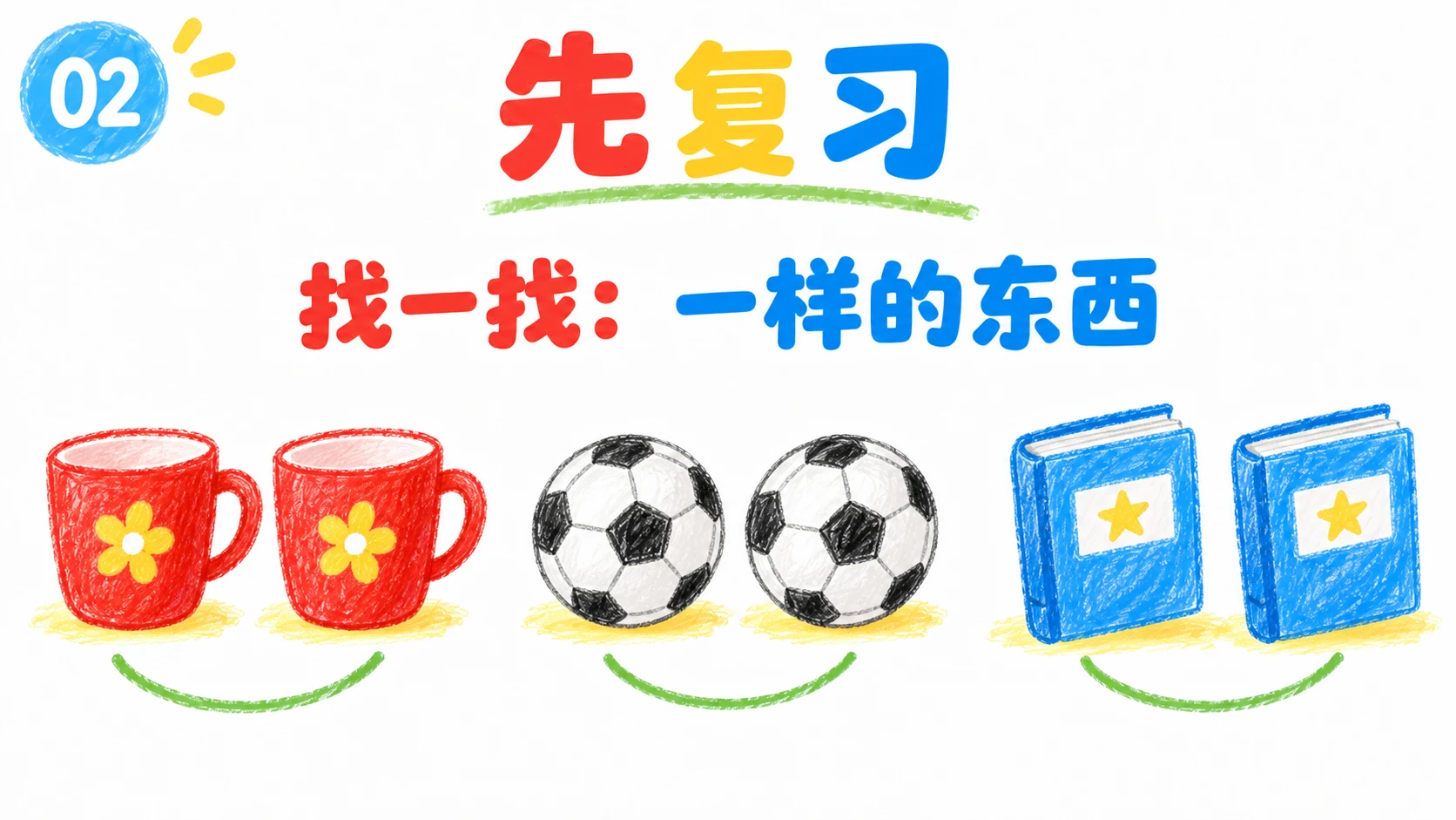 先复习:寻找相同类别的杯子、球和书。