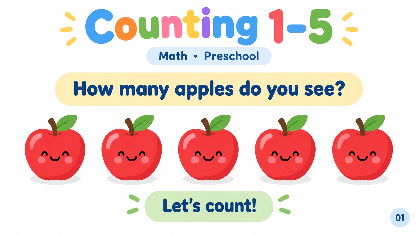Counting 1–5 preschool maths presentation cover with five illustrated apples