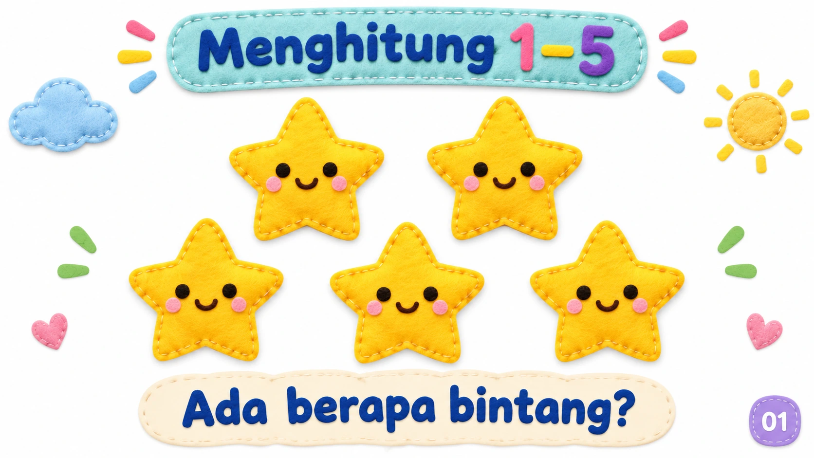 Sampul bergambar presentasi matematika prasekolah untuk belajar menghitung 1–5