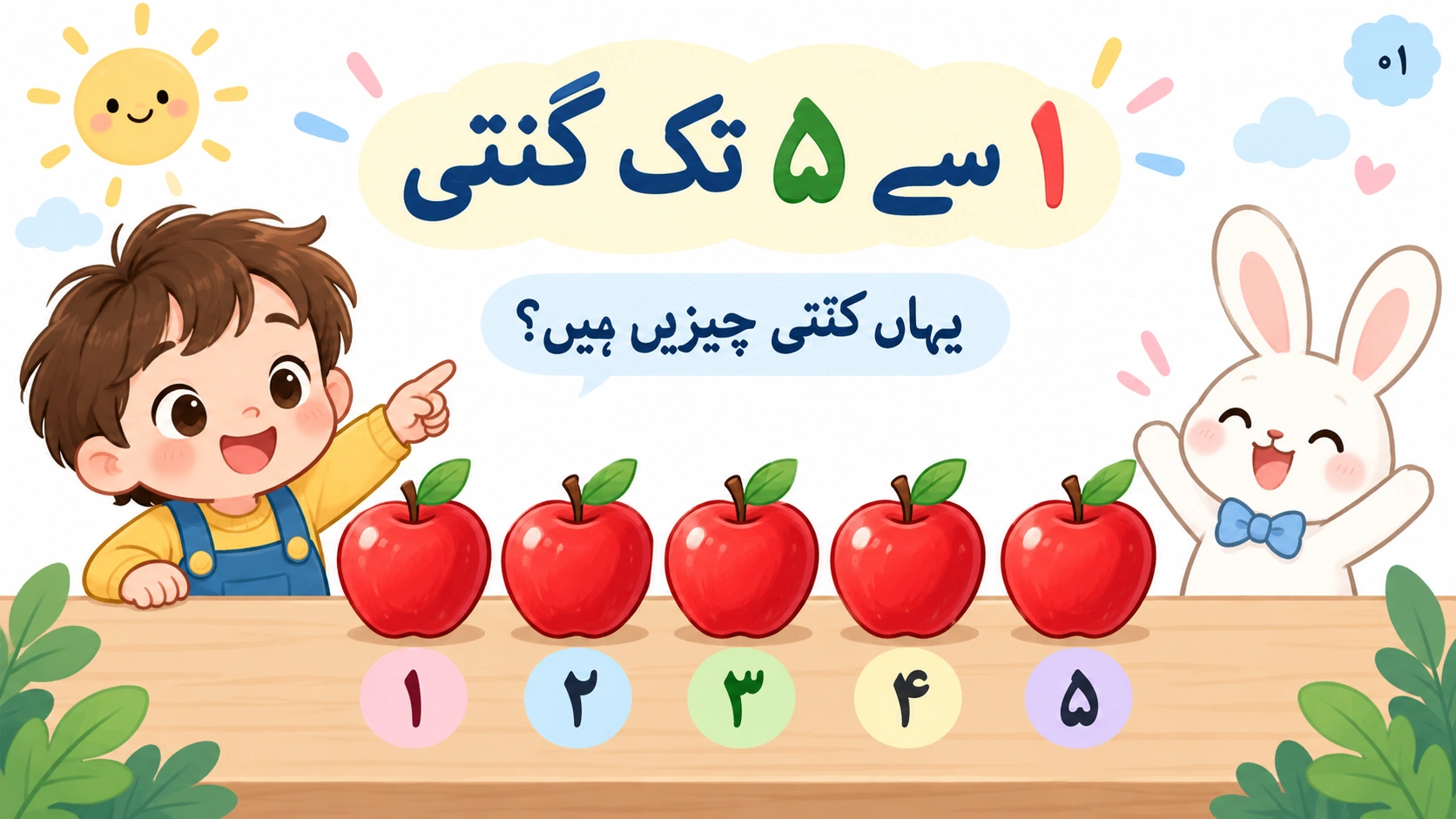 ۱ سے ۵ تک گنتی سکھانے والی پری اسکول ریاضی کی تصویری پیشکش کا سرورق