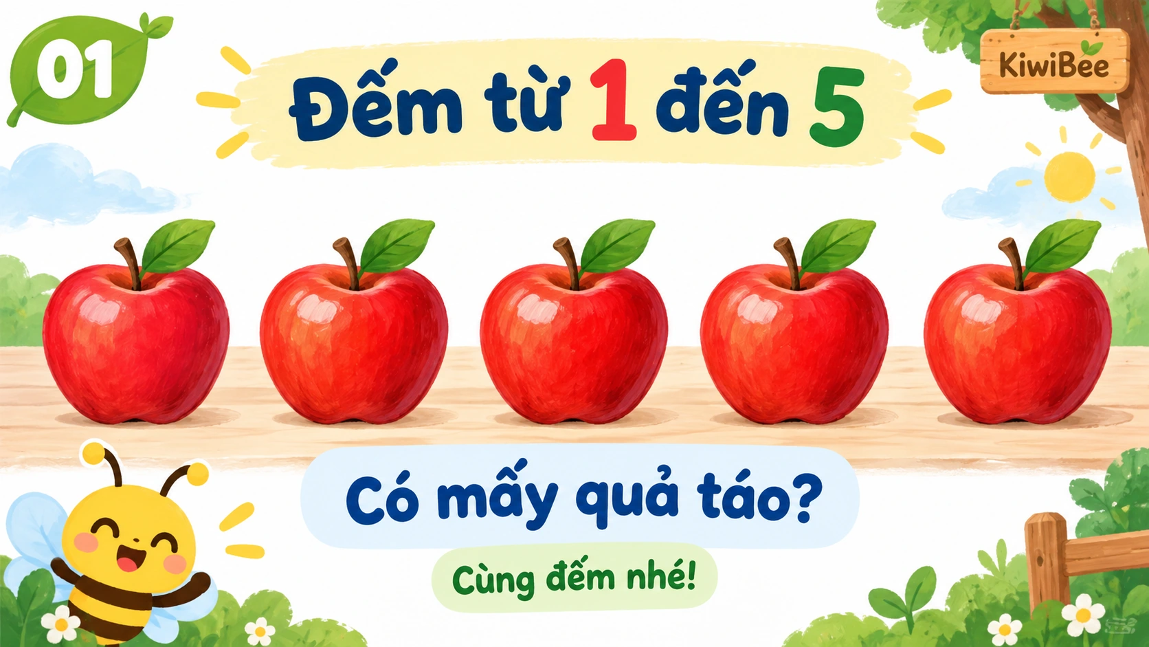 Ảnh bìa bài trình chiếu toán mầm non có hình minh họa về đếm từ 1 đến 5