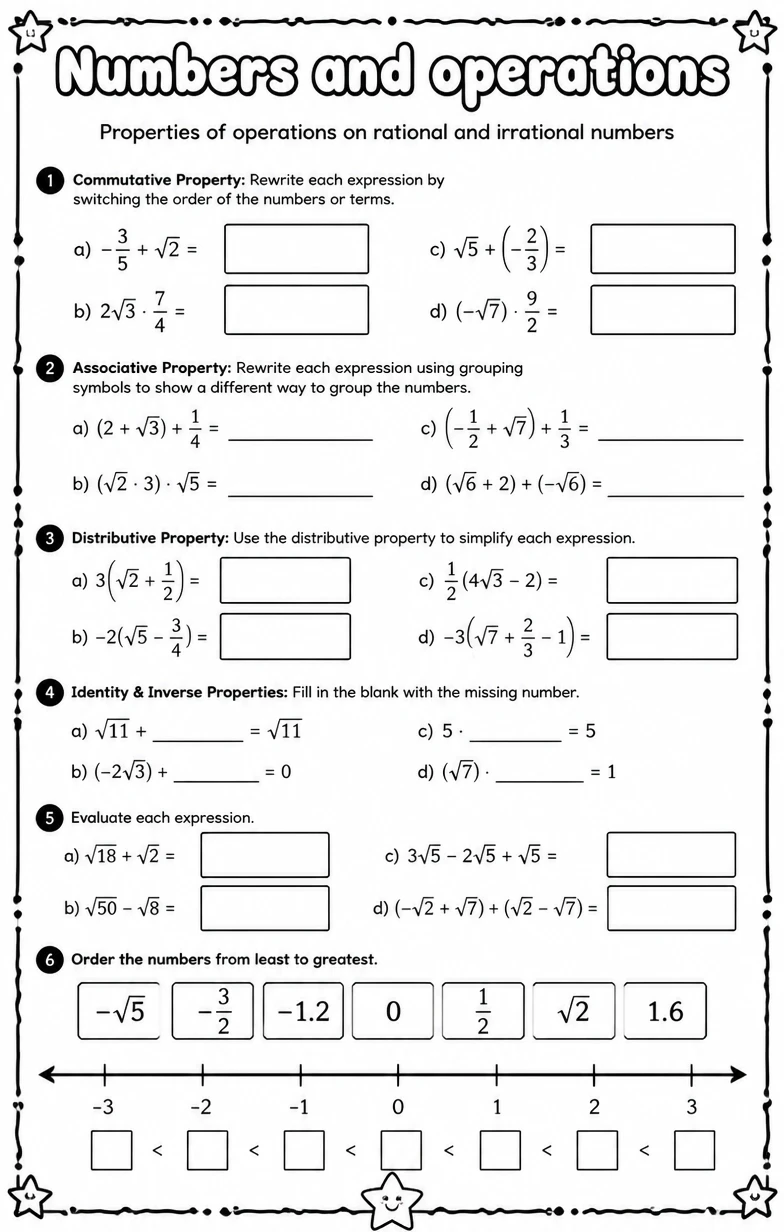 Properties of operations on rational and irrational numbers