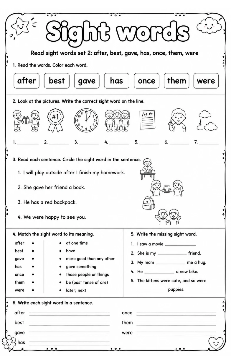 Read sight words set 2: after, best, gave, has, once, them, were