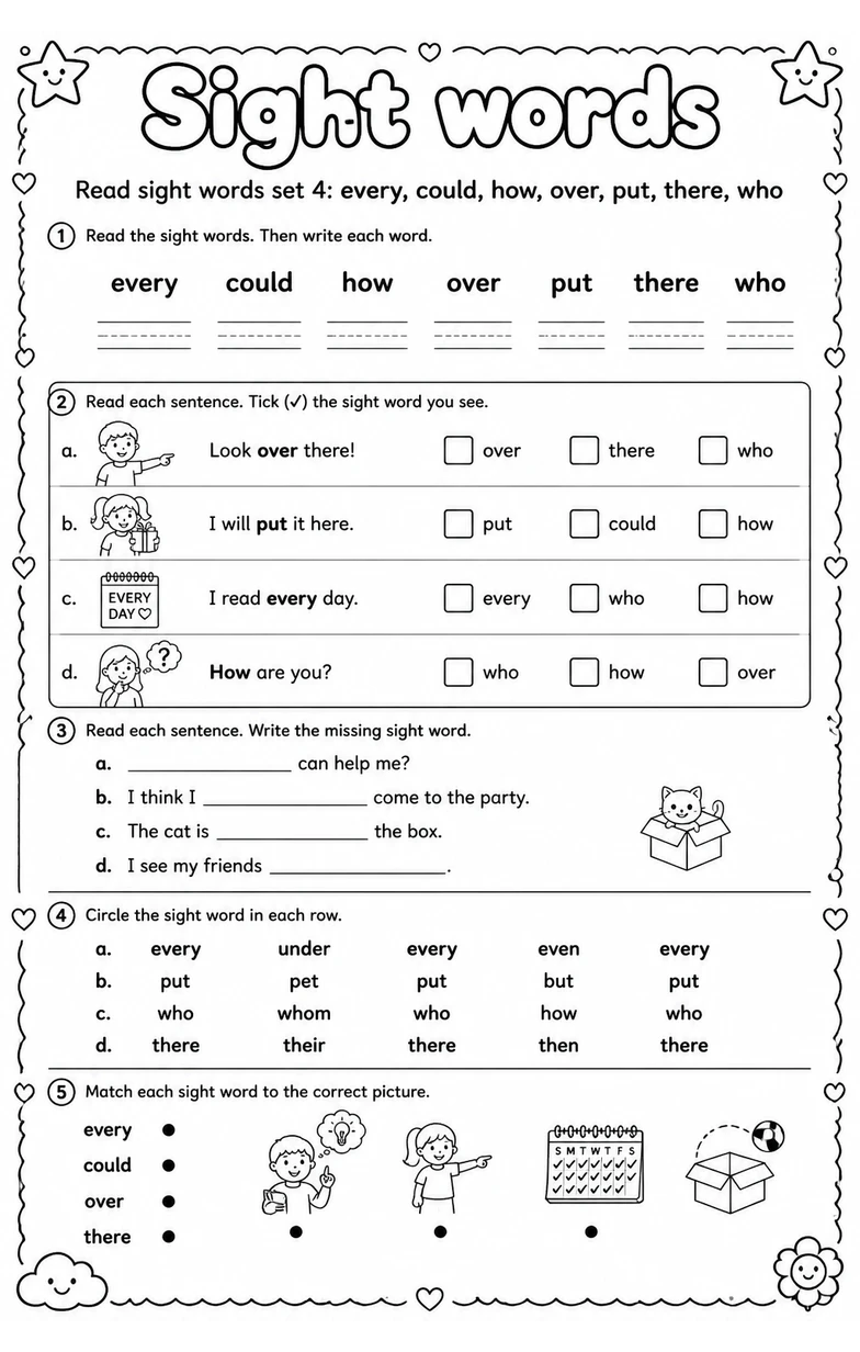 Read sight words set 4: every, could, how, over, put, there, who