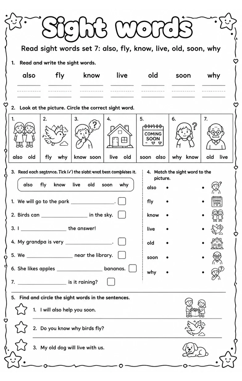 Read sight words set 7: also, fly, know, live, old, soon, why