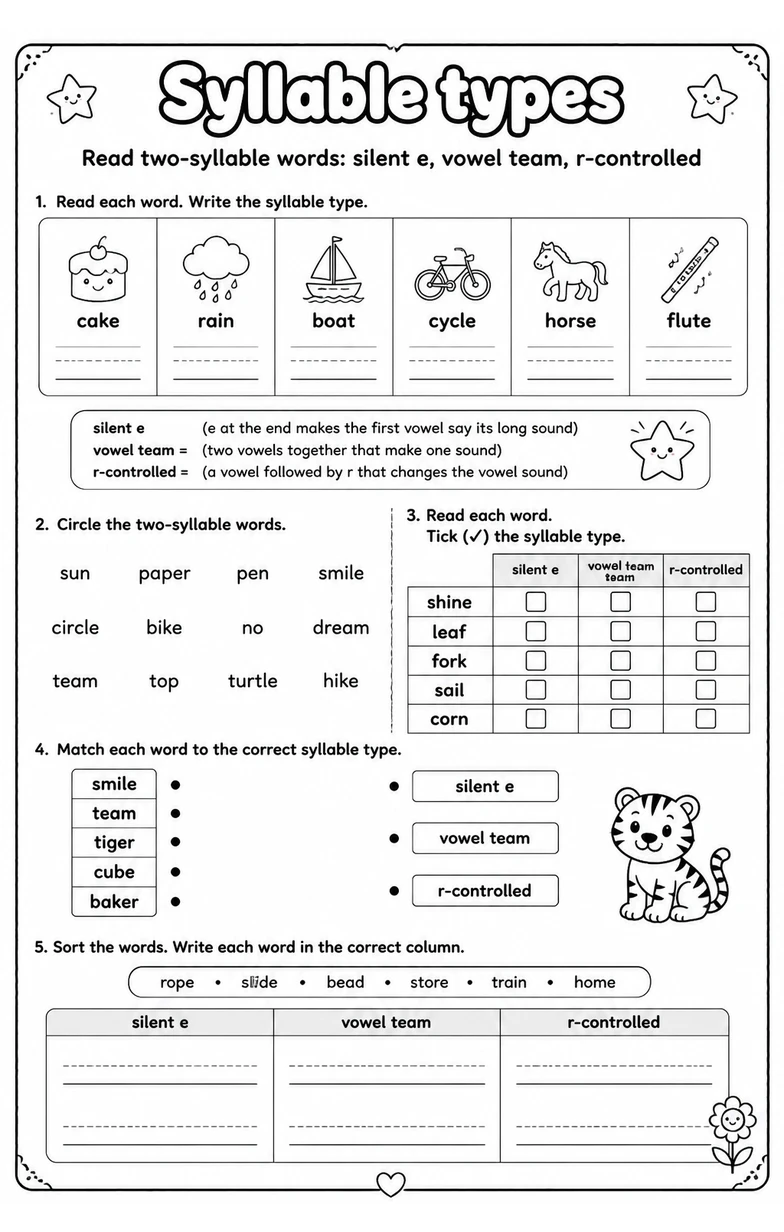 Read two-syllable words: silent e, vowel team, r-controlled