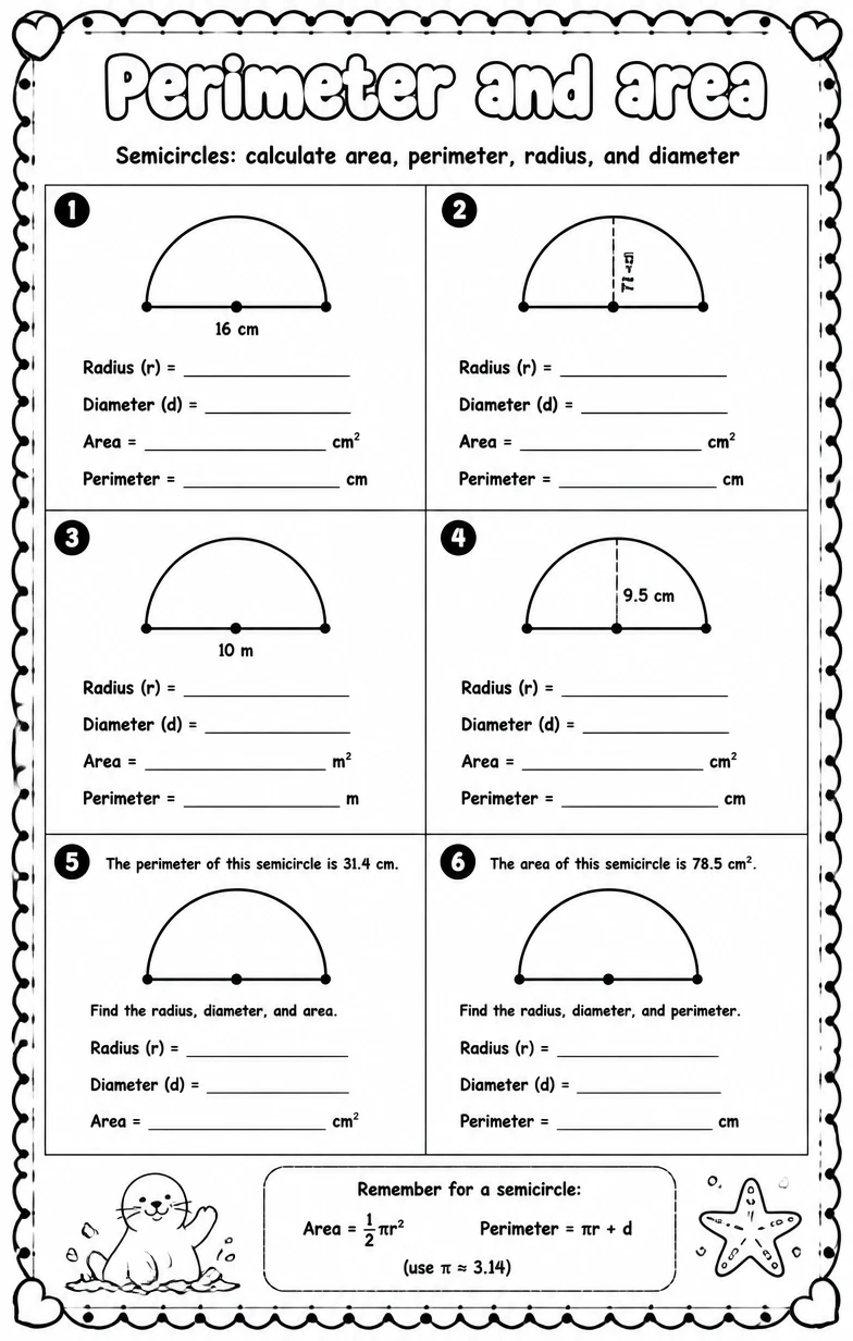 Semicircles: calculate area, perimeter, radius, and diameter