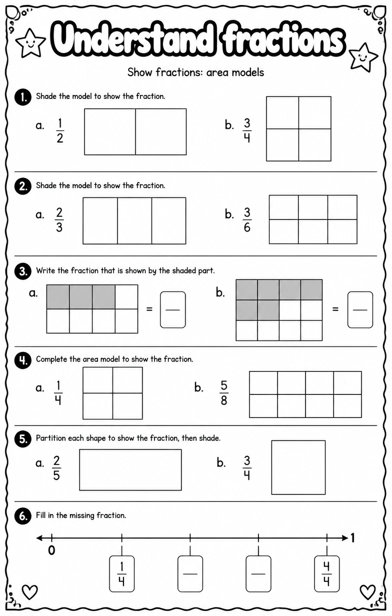 Show fractions: area models