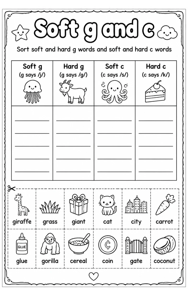 Sort soft and hard g words and soft and hard c words