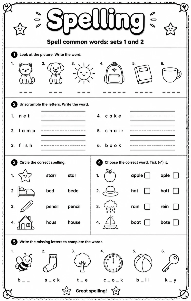 Spell common words: sets 1 and 2