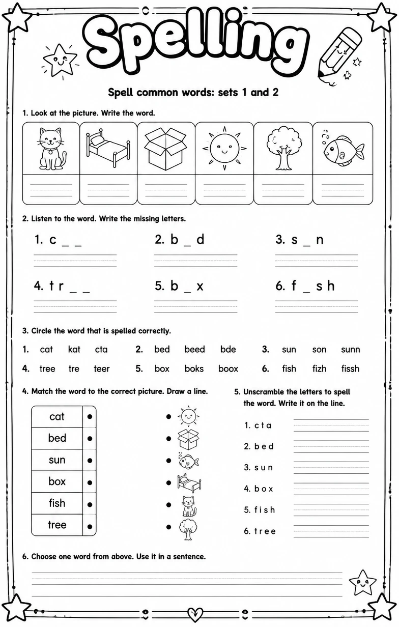 Spell common words: sets 1 and 2