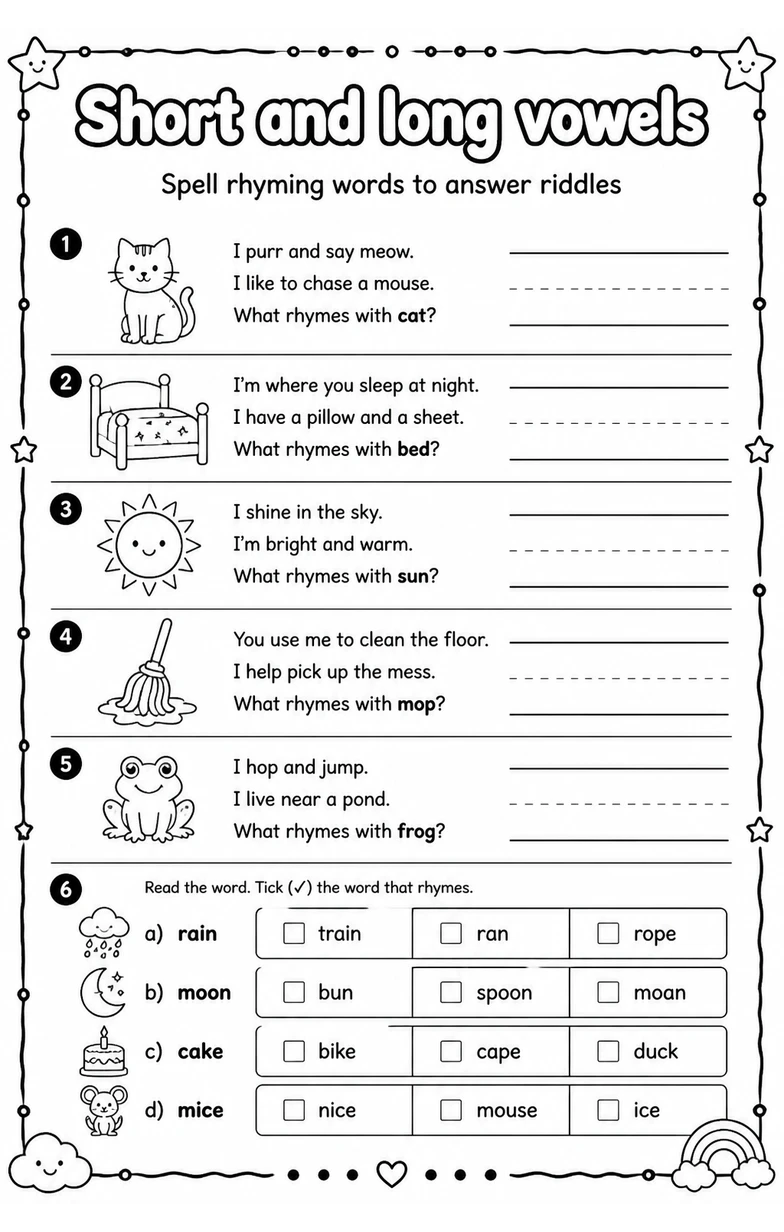 Spell rhyming words to answer riddles