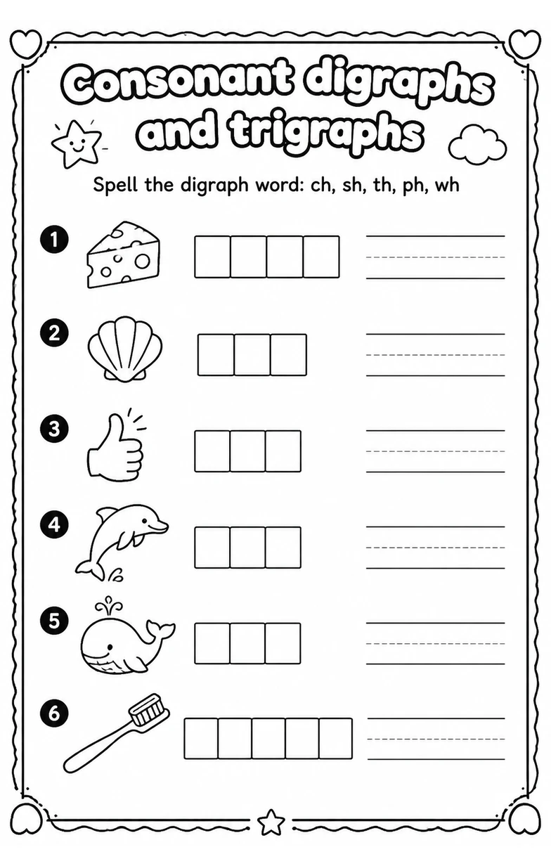 Spell the digraph word: ch, sh, th, ph, wh