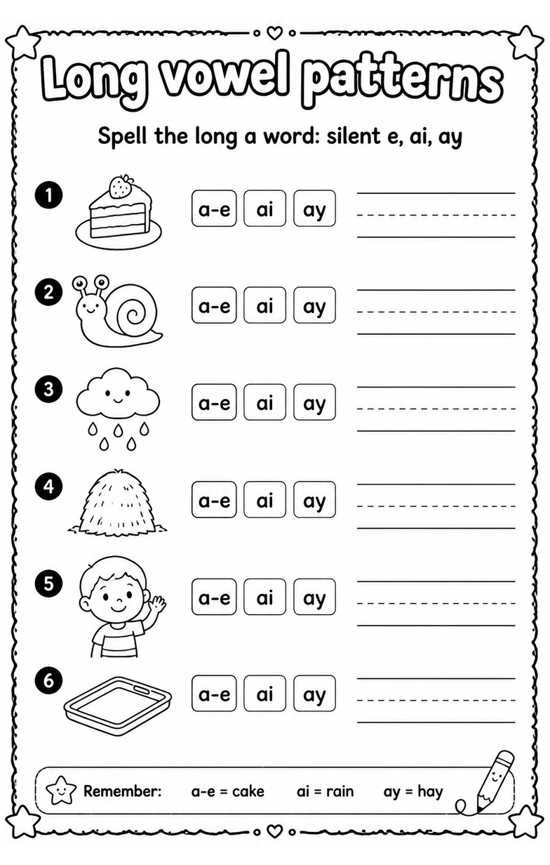 Spell the long a word: silent e, ai, ay