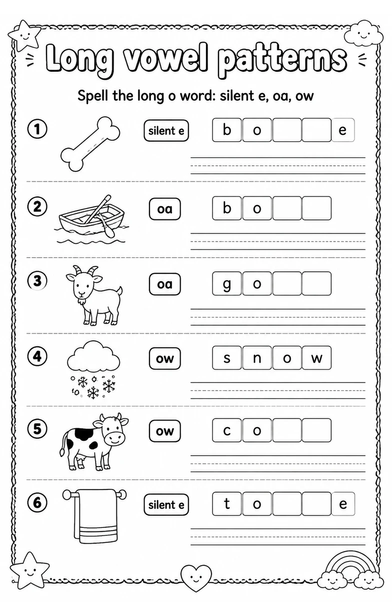 Spell the long o word: silent e, oa, ow