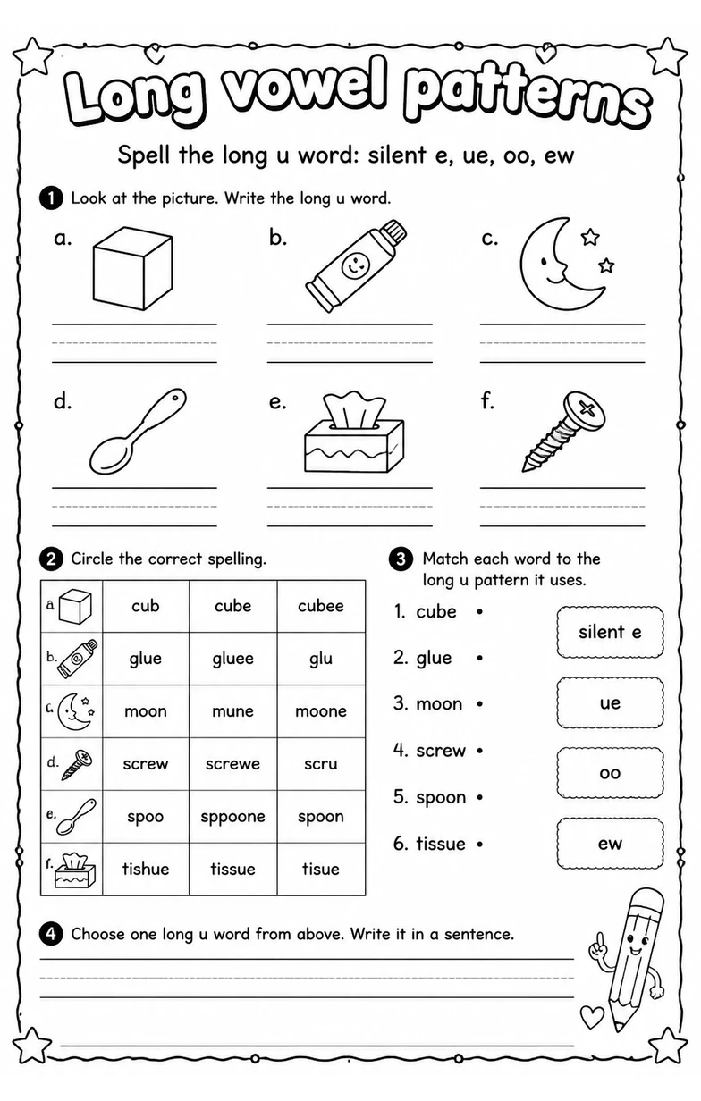 Spell the long u word: silent e, ue, oo, ew