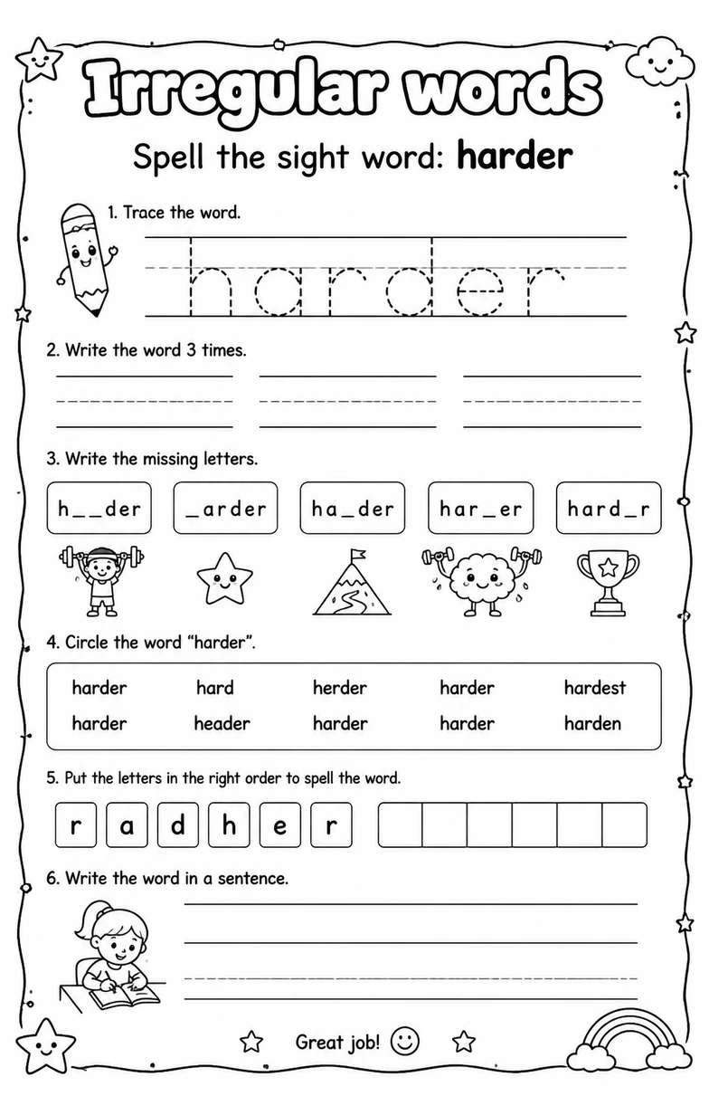 Spell the sight word: harder