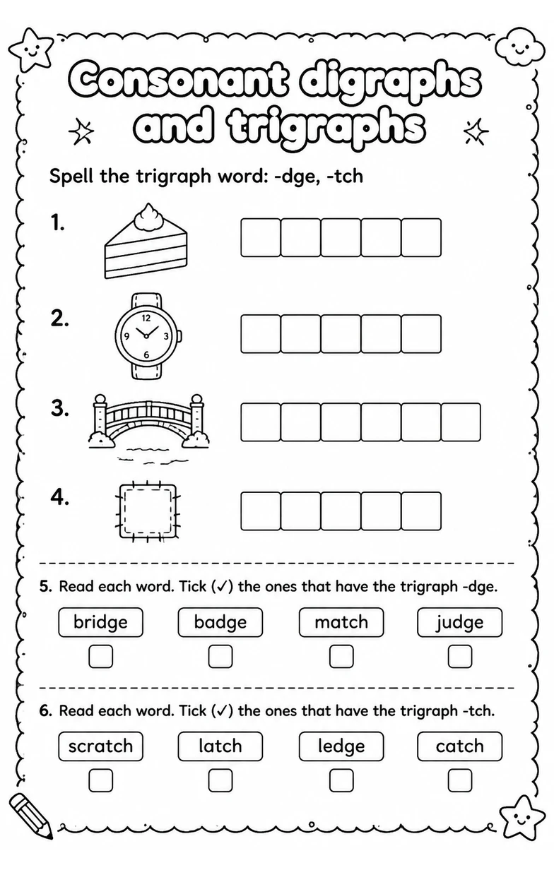 Spell the trigraph word: -dge, -tch