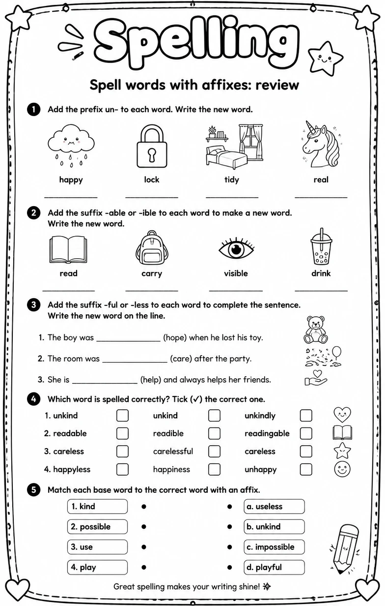 Spell words with affixes: review