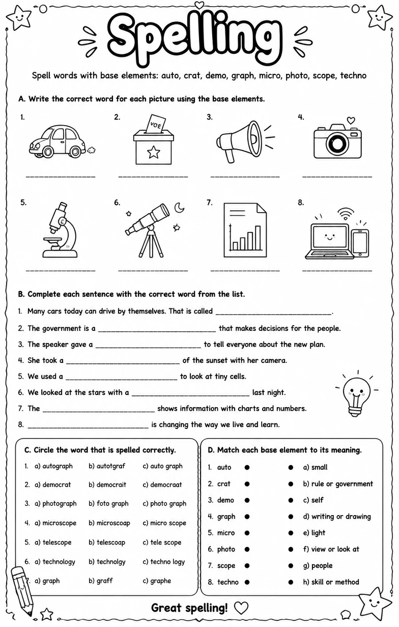 Spell words with base elements: auto, crat, demo, graph, micro, photo, scope, techno