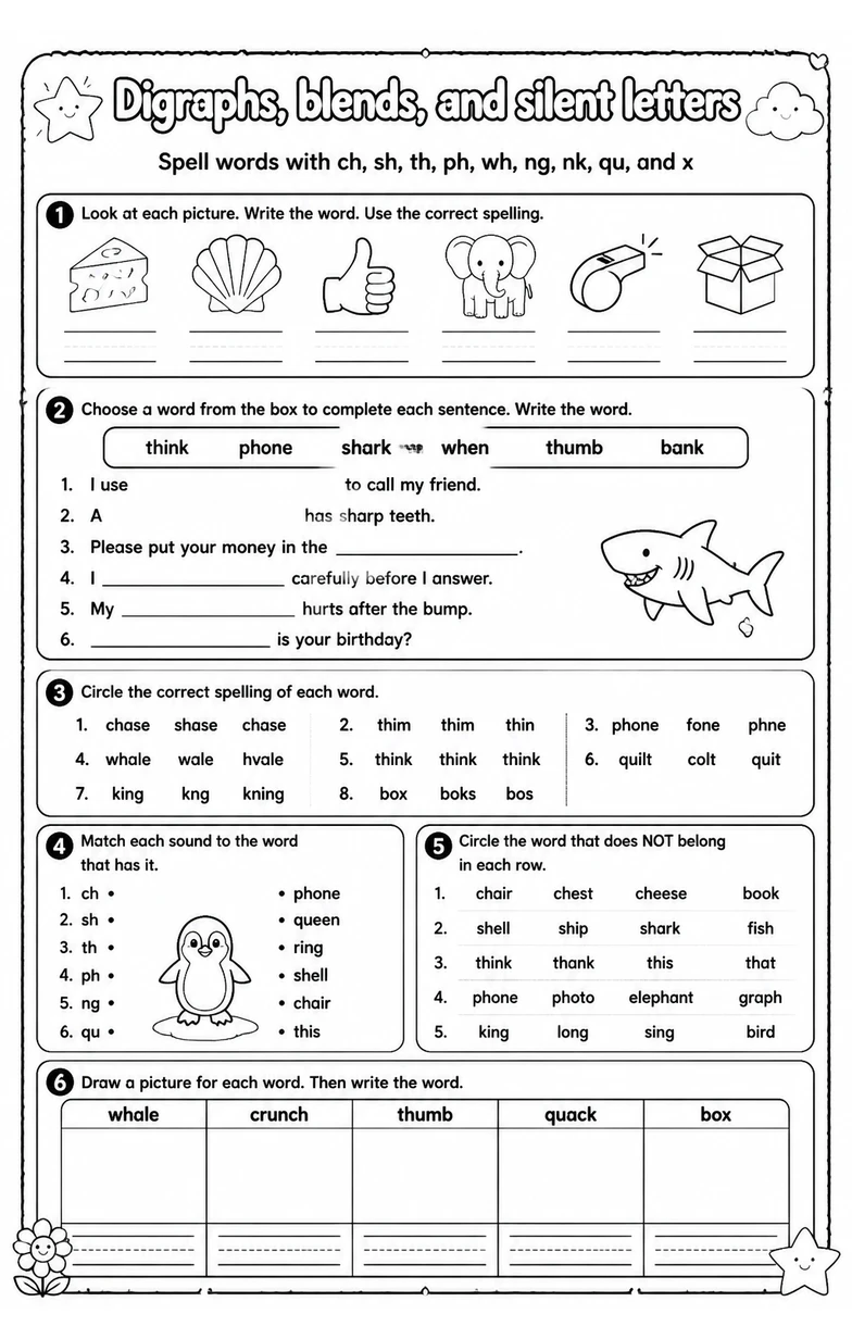 Spell words with ch, sh, th, ph, wh, ng, nk, qu, and x