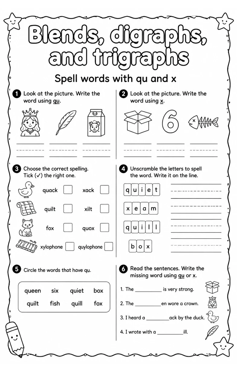 Spell words with qu and x