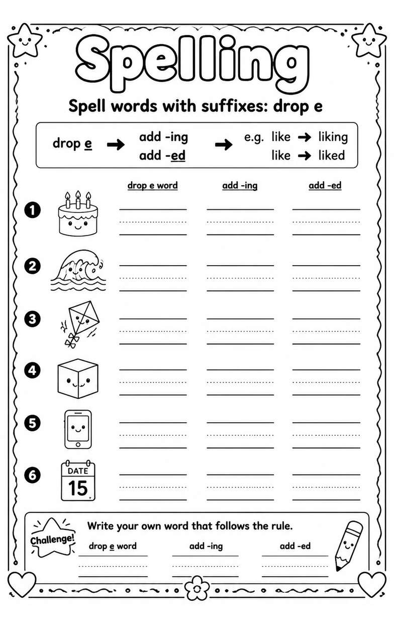 Spell words with suffixes: drop e