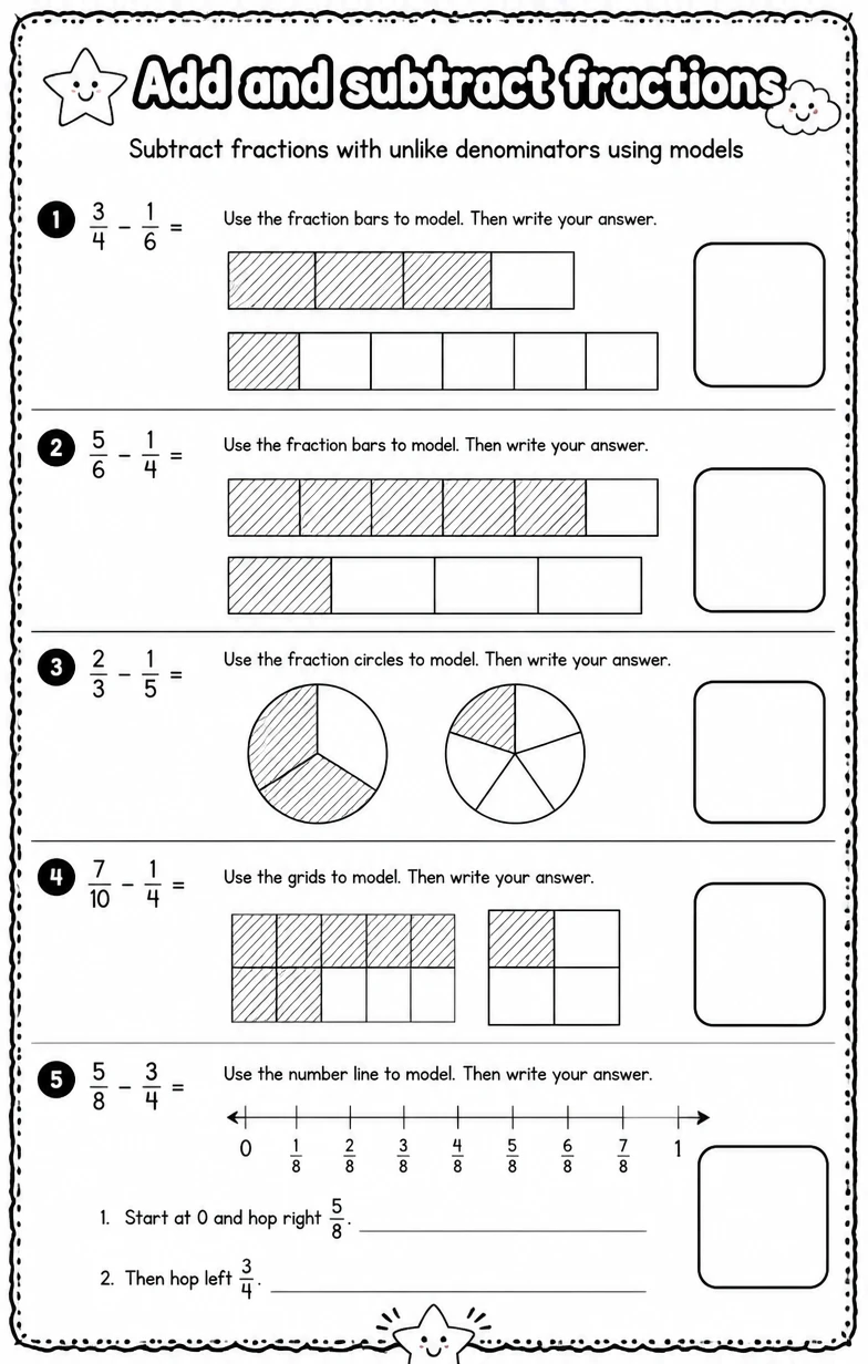 Subtract fractions with unlike denominators using models