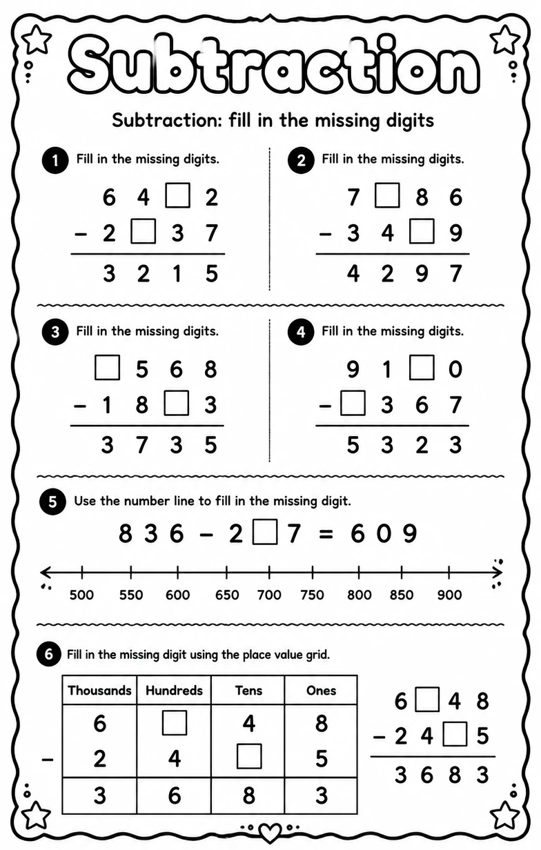 Subtraction: fill in the missing digits